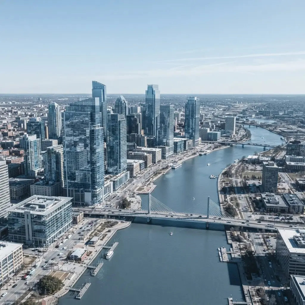 Aerial view of a riverfront city skyline